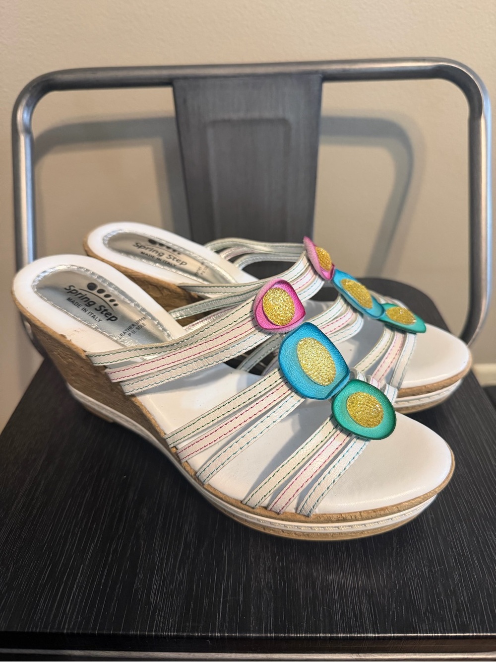 Spring Step Italy Leather Floral Wedge Slide Sandals EU 39. 8.5